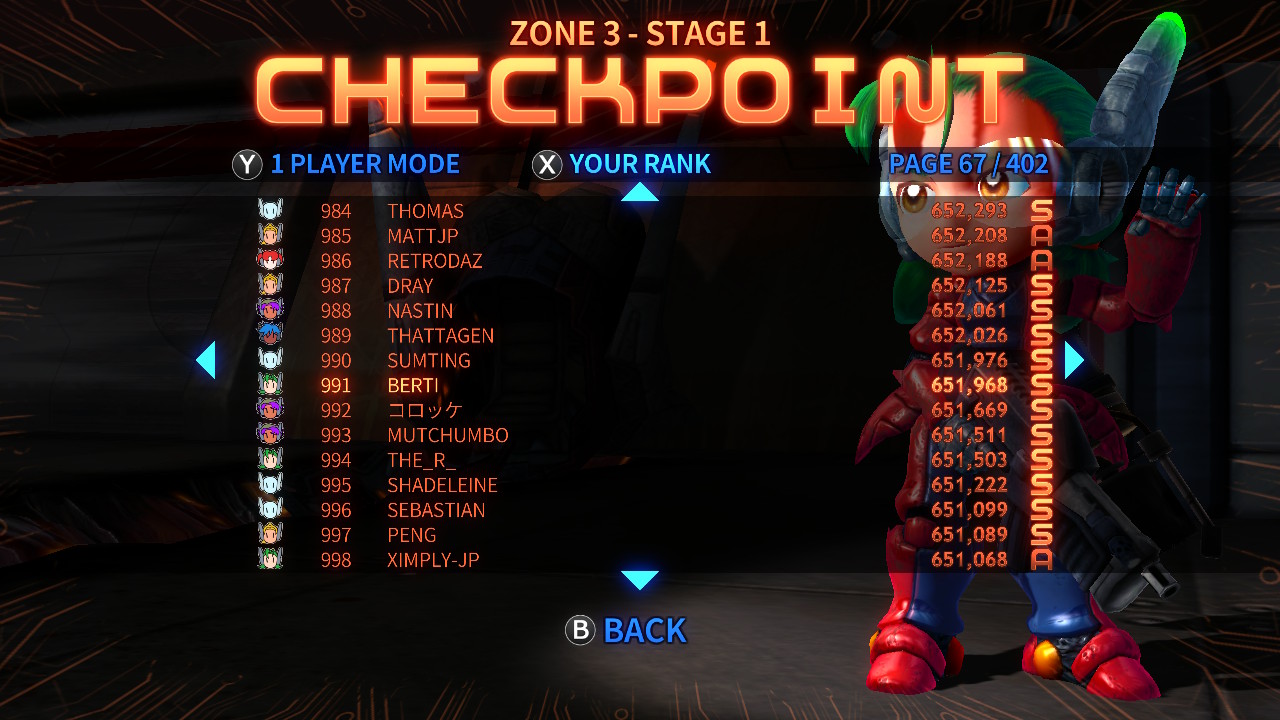 Screenshot: Assault Android Cactus+ online leaderboards of 1 Player mode of Zone 3, Stage 1 (Checkpoint) showing Berti at 991st place with a score of 651 968